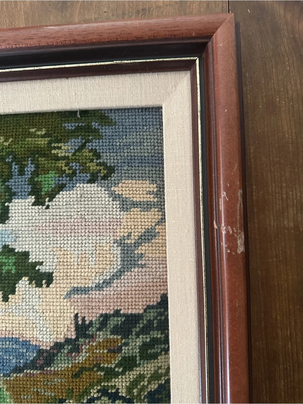 VINTAGE Handcrafted Needlepoint Rustic Waterwheel 16”x 20”